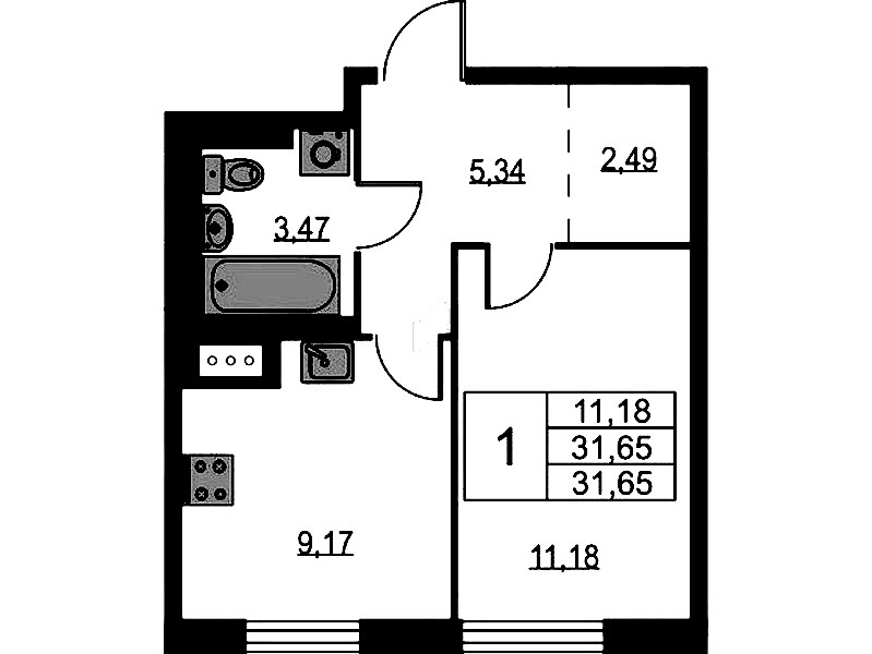 1-комнатная квартира 31.65 м², 9/9 эт., ЖК «Квартал Лаголово»
